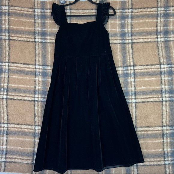 CHU DU CLASSIC FASHION SQUARE-NECK RUFFLE STRAP VELVET MIDI DRESS SIZE:L BLACK - Picture 2 of 12
